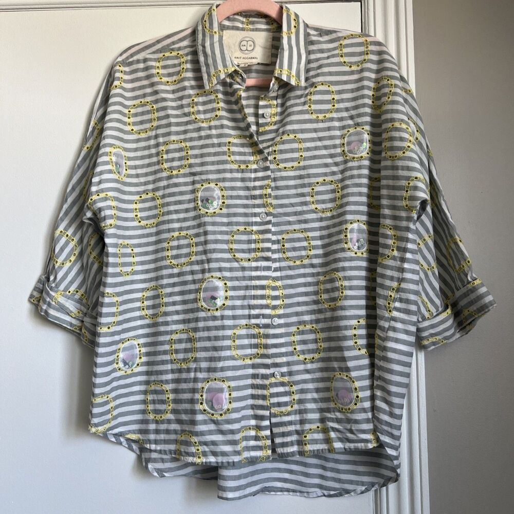 Anthropologie Sz S AM.IT by Amit Aggarwal Blouse Top Shirt Gray White EXCELLENT